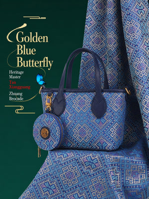 Heritage Zhuang Brocade New Chinese Style Tote Bag – Golden Blue Butterfly-brocademodern