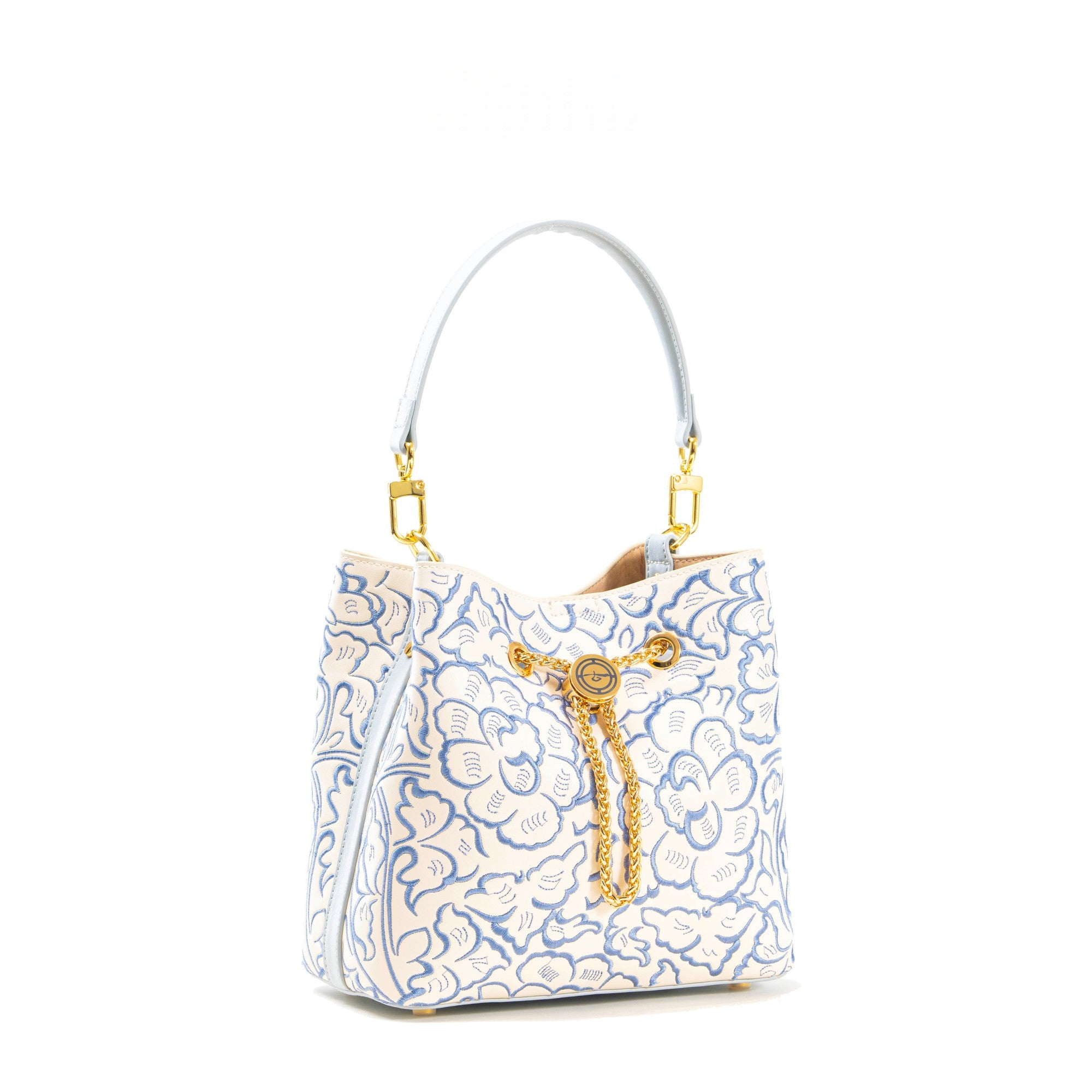 Heritage Embroidered New Chinese Style Bucket Bag – Blue & White Peony