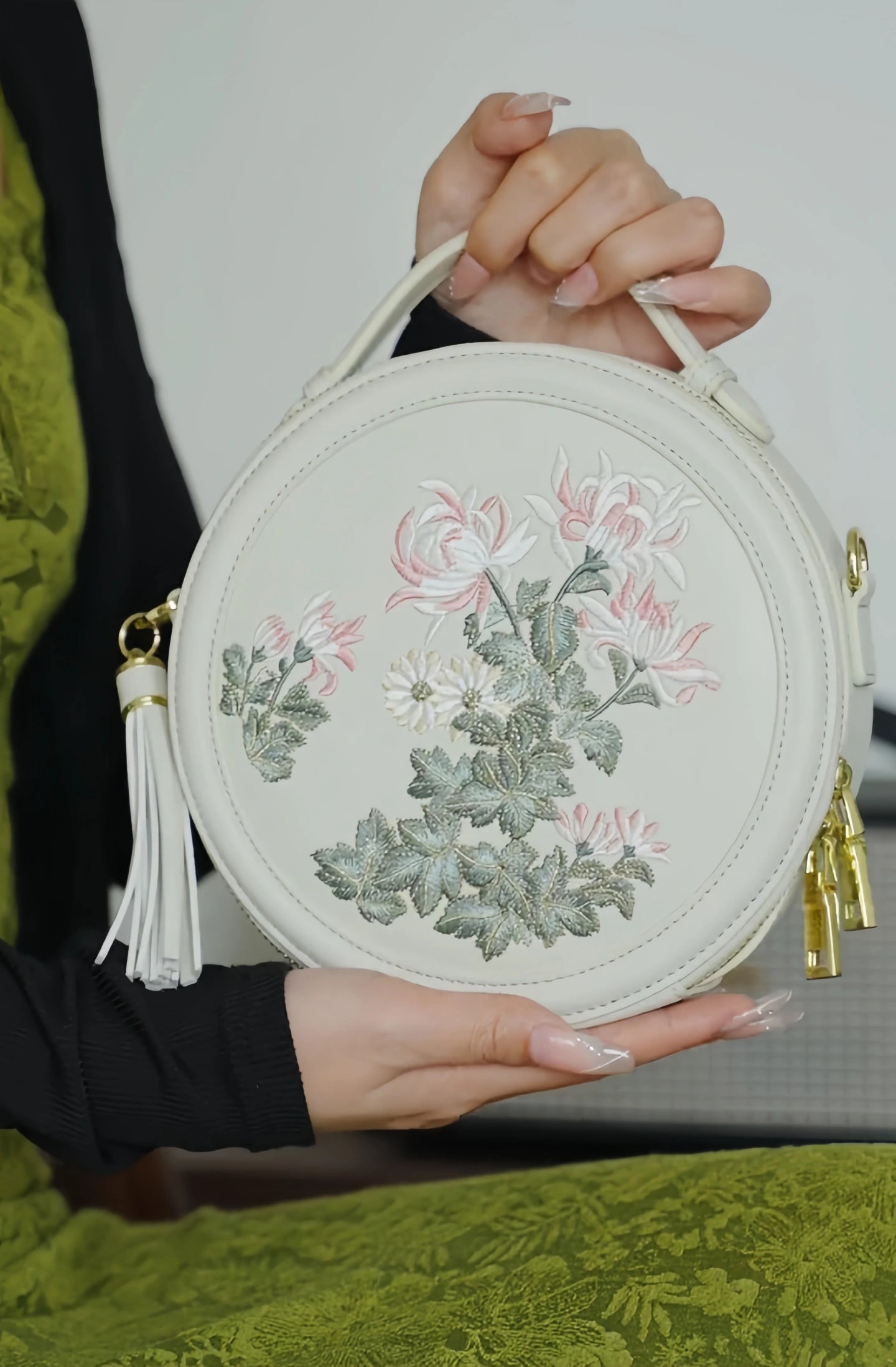 Gu (古) Series Round Bag | Chinese Embroidered Epiphyllum & Plum Blossom Bag | Brocade Modern