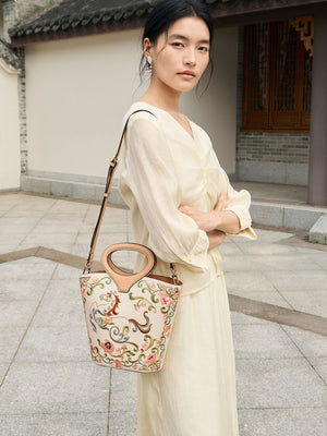 New Chinese Style Embroidered Leather Bucket Handbag - Heavenly Horse Fortune Tote Bag