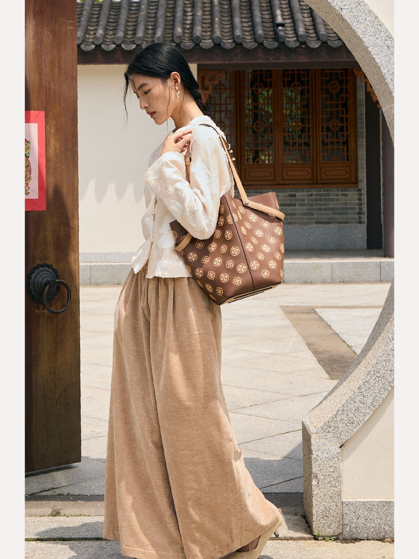 Baoxiang Blossom Embroidered Leather Bucket Bag | Chinese Style Large Tote | Brocade Modern