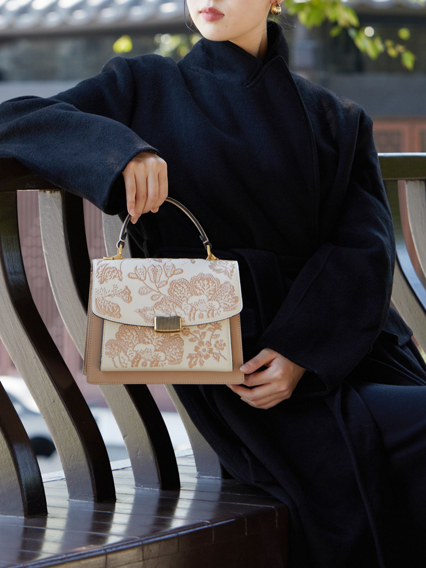 Begonia Embroidered Accordion Bag | New Chinese Style Leather Handbag | Brocade Modern
