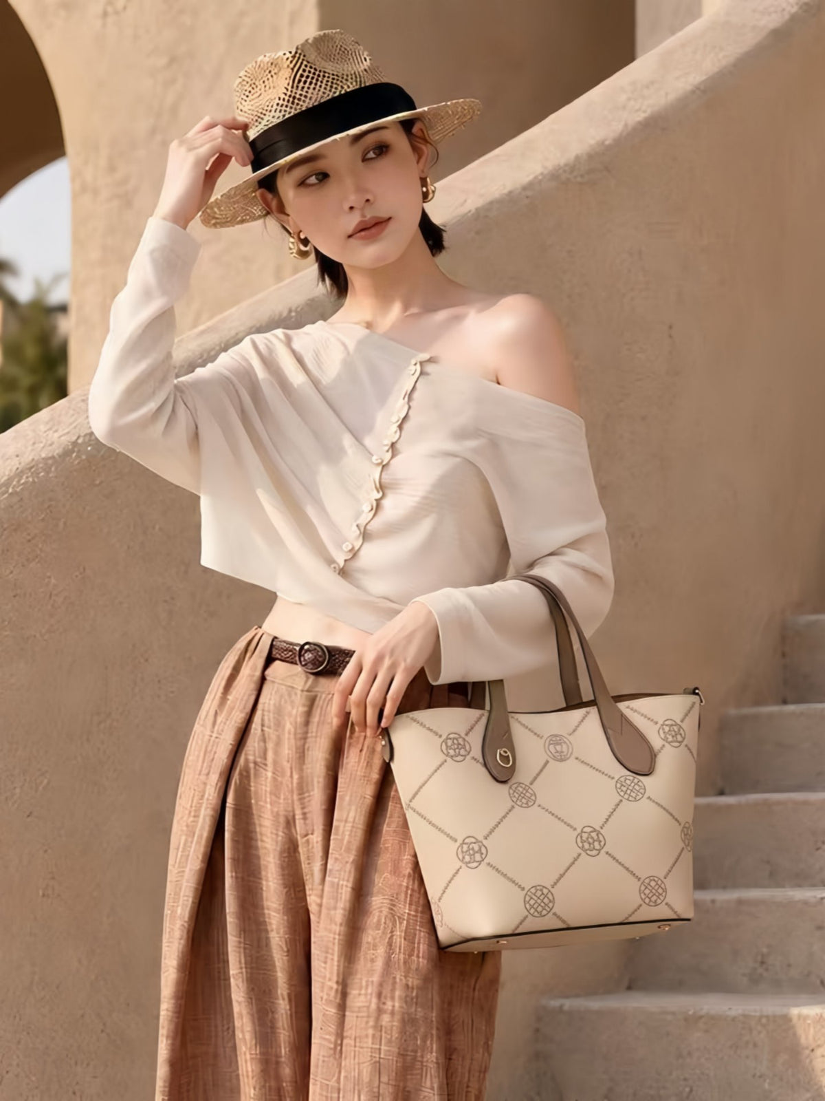 Eternal Garden Gold-Thread Embroidered Cowhide Tote Bag