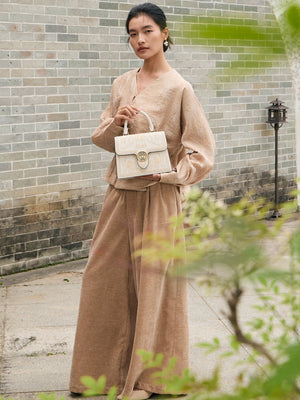 Graceful Lady Embroidered Leather Accordion Bag | Morning Glory Chinese Handbag | Brocade Modern