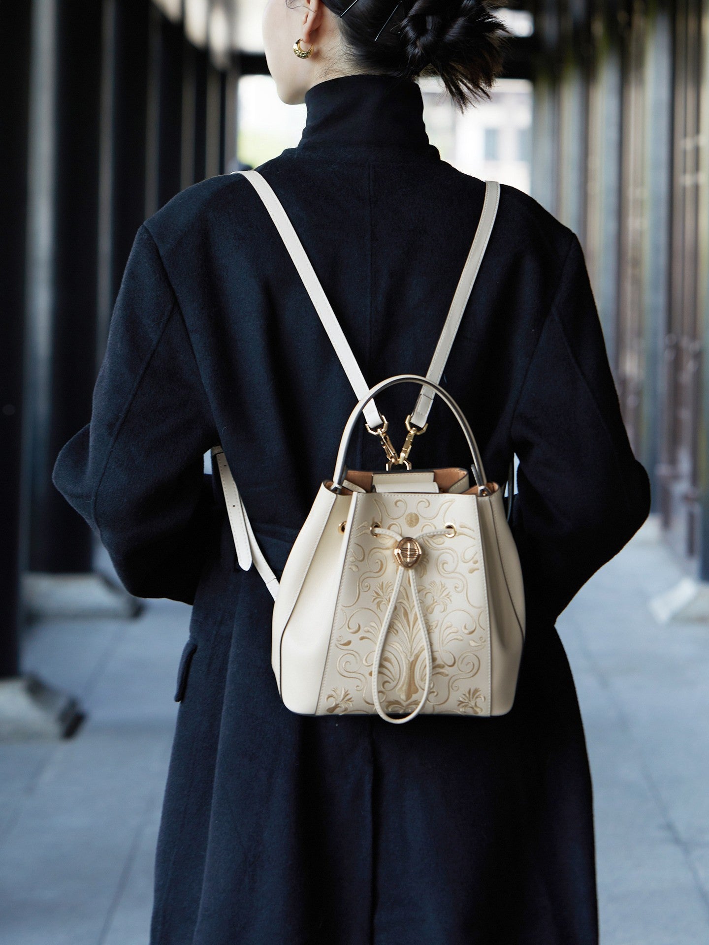 Liuli Phoenix Crown Embroidered Convertible Backpack | Chinese Style Bucket Bag | Brocade Modern