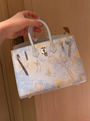 New Chinese Style Song Brocade Top-Handle Bag – Golden Floral Aroma / Layered Lotus Motif-brocademodern