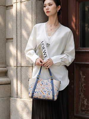 Luxury New Chinese Style Geometric Fortune Embroidered Cowhide Tote Bag