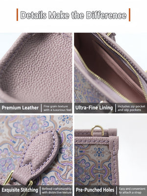 Close-up of top-grain leather, interior pockets, stitching and pre-punched holes