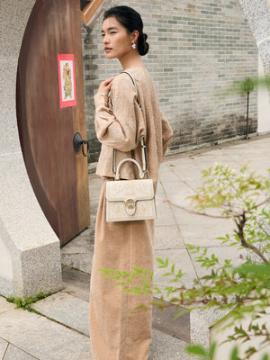 Graceful Lady Embroidered Leather Accordion Bag | Morning Glory Chinese Handbag | Brocade Modern