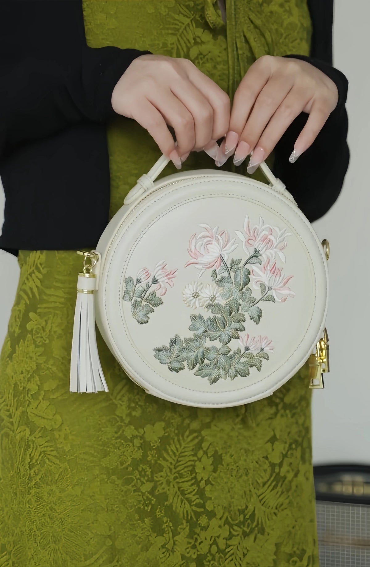 Gu (古) Series Round Bag | Chinese Embroidered Epiphyllum & Plum Blossom Bag | Brocade Modern