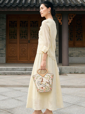 New Chinese Style Embroidered Leather Bucket Handbag - Heavenly Horse Fortune Tote Bag