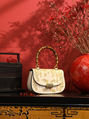 Luxury New Chinese Style Embroidered Leather Bamboo-Handle Bag – Maiden’s Garden Camellia