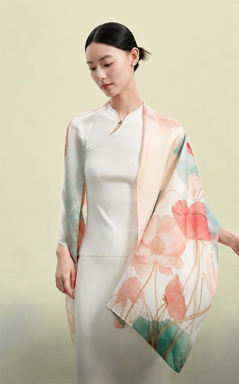 Lotus Flower Deity Mulberry Silk Long Scarf (175×50cm)-brocademodern
