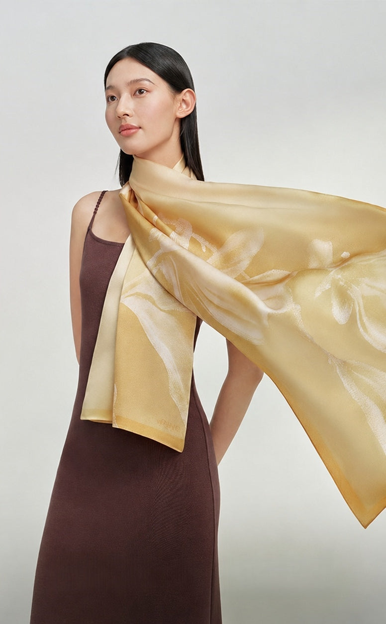 Magnolia Flower Deity Mulberry Silk Long Scarf (175×50cm) -brocademodern