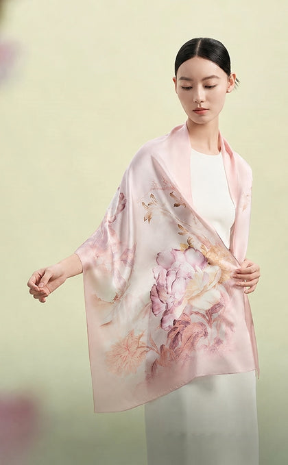 Shaoyao (Chinese Peony) Flower Deity Mulberry Silk Long Scarf (175×50cm)-brocademodern