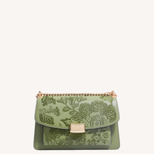Close view of embroidered crossbody bag showing floral texture and refined leather finish featuring Chinese Style Begonia-brocademodern