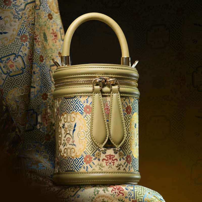 Song Brocade Leather Bucket Cylinder Bag
