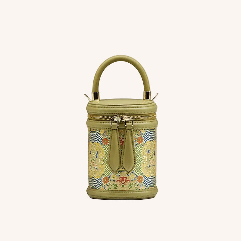 Song Brocade Leather Bucket Cylinder Bag