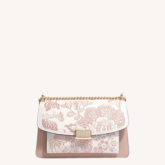 Close view of embroidered crossbody bag showing floral texture and refined leather finish featuring Chinese Style Begonia-brocademodern