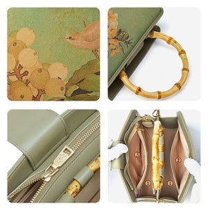 Mulberry Silk Bamboo Handle Green Square Handbag with Scarf - SinoCultural -- P120505-1