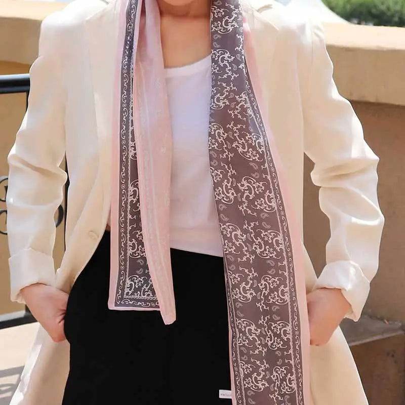 12 Momme Satin Long Silk Scarf Elegant Cloud Pattern 14.5x145cm - SinoCultural -- LS053-2