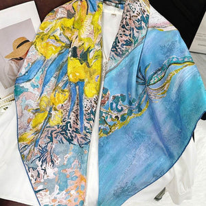 Mulberry Silk 14 Momme Square Scarf Iris Floral 108x108 cm - SinoCultural -- CXFJ016