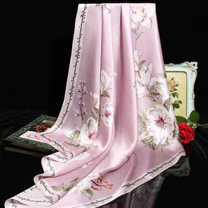100% Mulberry Silk Floral Silk Square Scarf 90x90cm - SinoCultural -- HYFSJ009-2