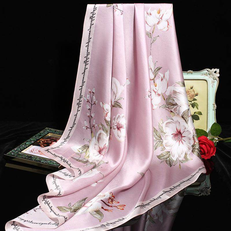 100% Mulberry Silk Floral Silk Square Scarf 90x90cm - SinoCultural -- HYFSJ009-2
