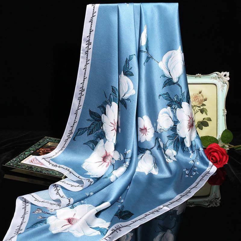 100% Mulberry Silk Floral Silk Square Scarf 90x90cm - SinoCultural -- HYFSJ009-2