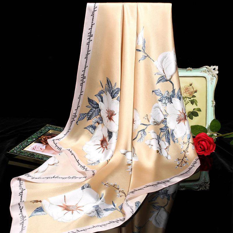 100% Mulberry Silk Floral Silk Square Scarf 90x90cm - SinoCultural -- HYFSJ009-2