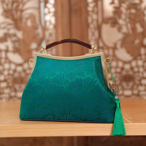 Mulberry Silk Green Pine Leaf Vintage Kiss Lock Clasp Bag - SinoCultural -- P270031