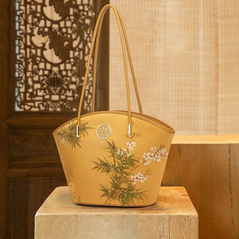 Mulberry Silk Handcrafted Bamboo Yellow Tote Bag - SinoCultural -- P220263-1