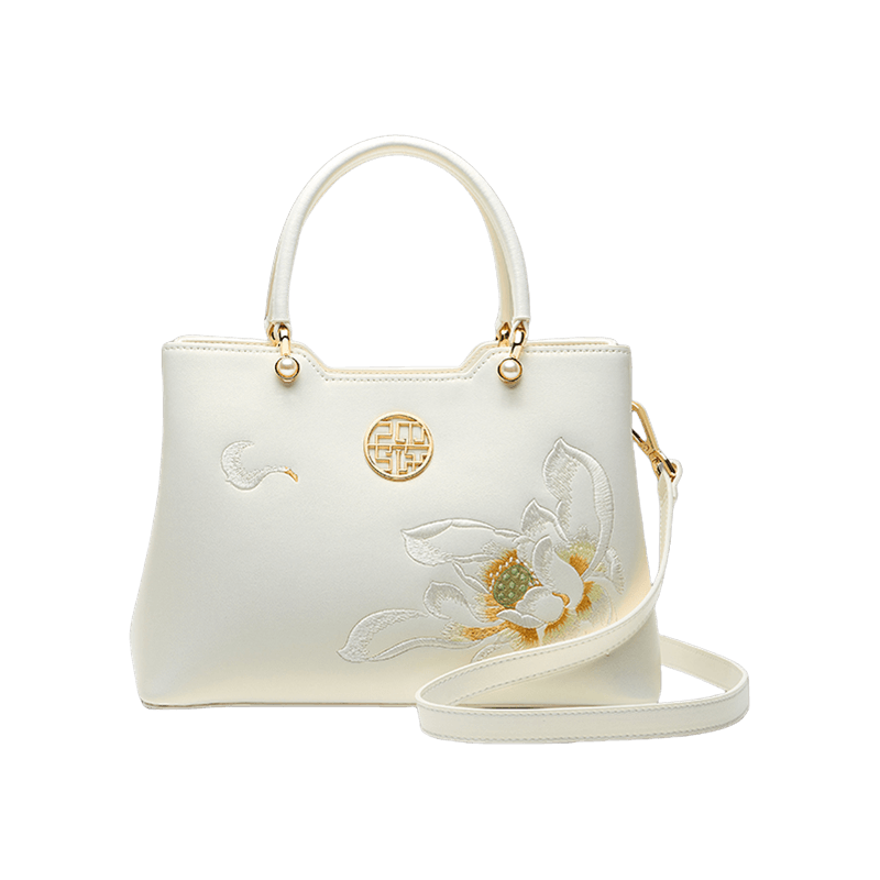 Embroidery Leather White Crossbody Tote Bag Lotus Luxury Gift - SinoCultural -- P120279