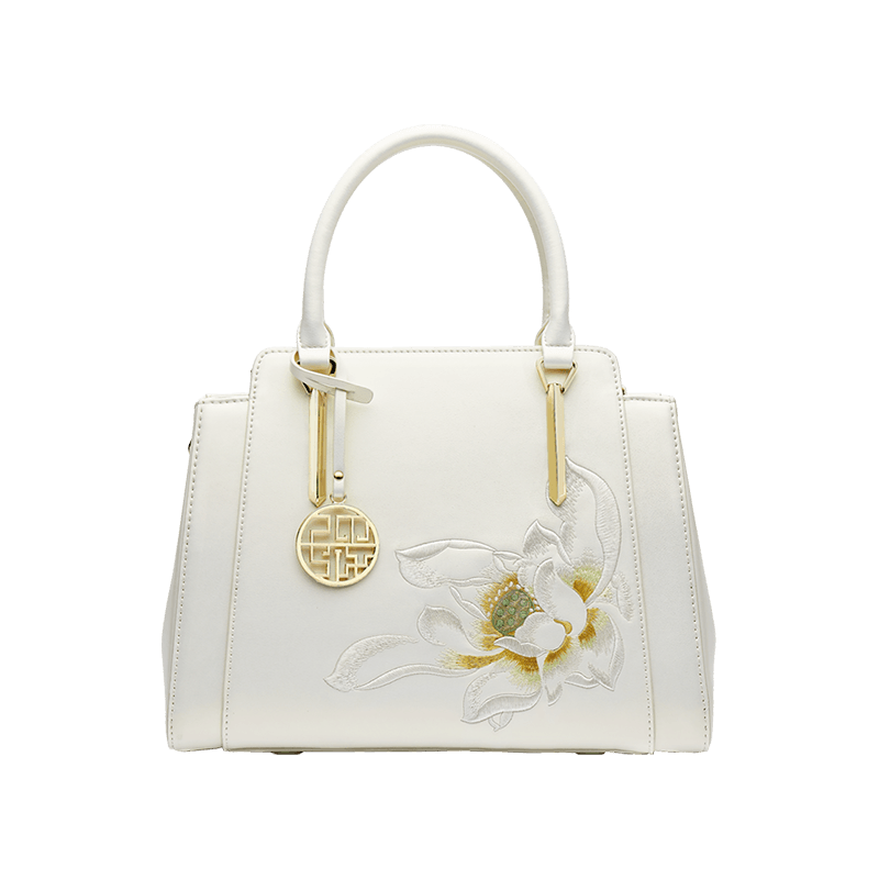 Sinocultural Embroidery Leather Tote Bag White Lotus Crossbody Bag - SinoCultural -- P120317