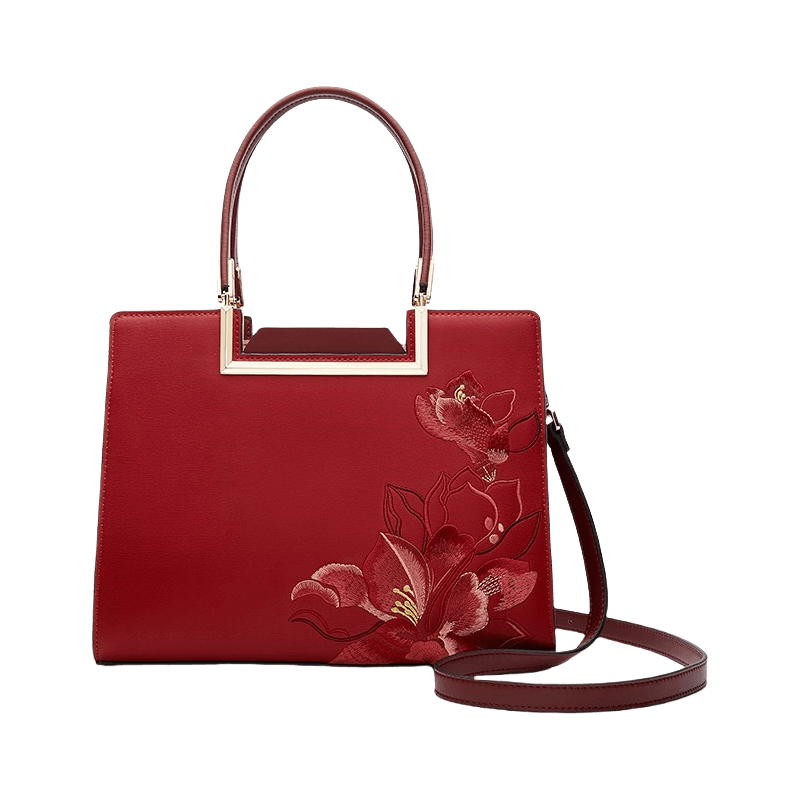 Sinocultural Embroidery Leather Red Tote Bag Magnolia Women's Handbag - SinoCultural -- P120346-1