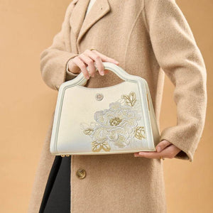 Embroidery Peony White Leather Tote Bag - SinoCultural -- P120432