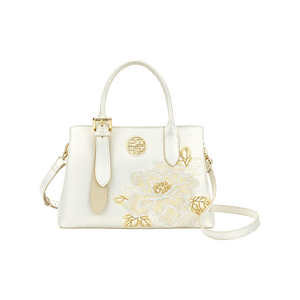Embroidery Leather Tote Bag White Blooming Peony - SinoCultural -- P120436