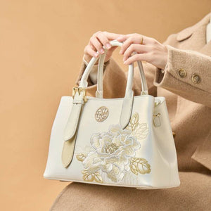 Embroidery Leather Tote Bag White Blooming Peony - SinoCultural -- P120436