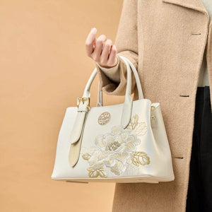 Embroidery Leather Tote Bag White Blooming Peony - SinoCultural -- P120436