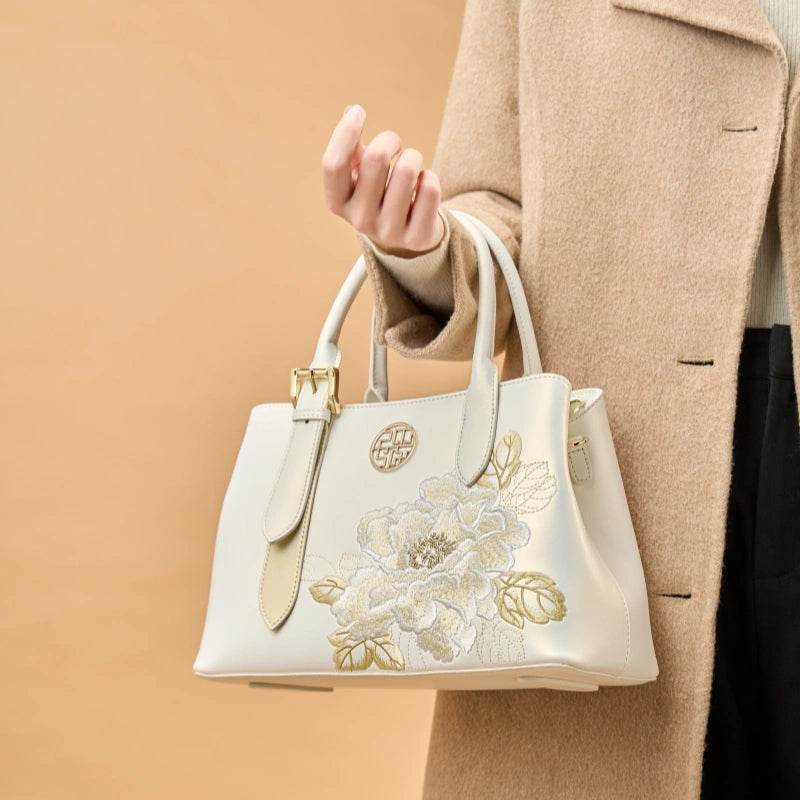 Embroidery Leather Tote Bag White Blooming Peony - SinoCultural -- P120436