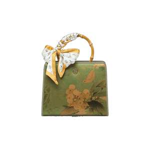 Mulberry Silk Bamboo Handle Green Square Handbag with Scarf - SinoCultural -- P120505-1