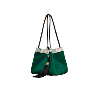 Xiangyunsha Silk Jacquard Vintage Green Bucket Bag - SinoCultural -- P17062005-3