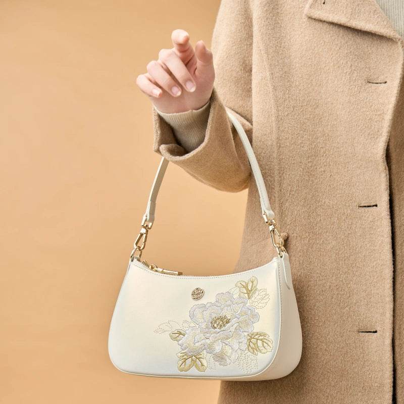 Embroidery Leather Red Shoulder Bag Peony Women's Hobo Handbag - SinoCultural -- P220212-1