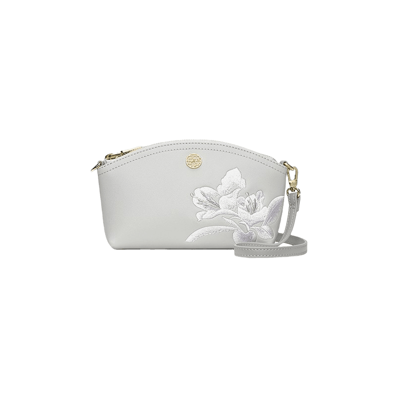 Embroidery Leather Grey Camellia Women Handbag Wallet - SinoCultural -- P220248-3