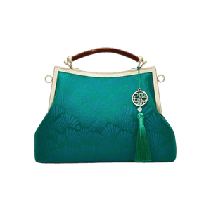 Mulberry Silk Green Pine Leaf Vintage Kiss Lock Clasp Bag - SinoCultural -- P270031