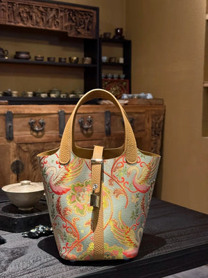 Qian Xiaoping Swan Lake Song Brocade Basket Bag – New Chinese Style Silk Brocade Handbag-brocademodern
