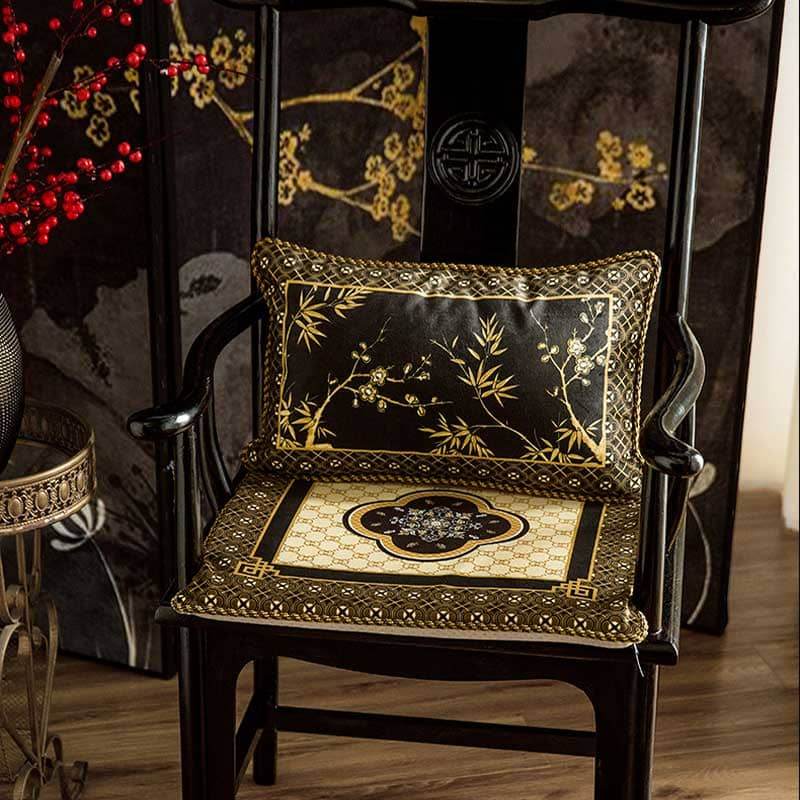 Chinoiserie Vintage Short Plush Lumbar Pillow Black-Gold Bamboo - SinoCultural -- WP011A01