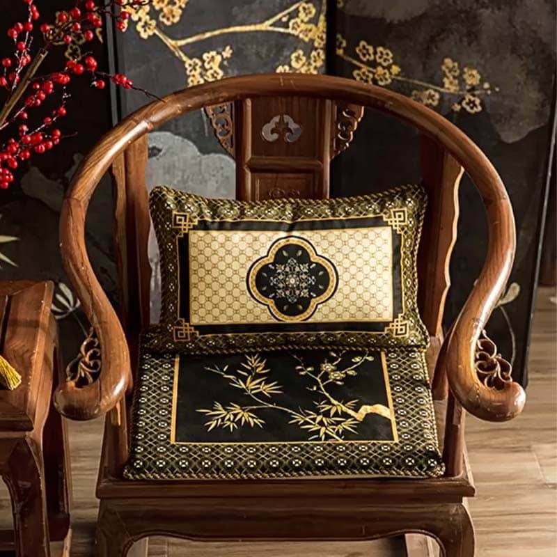 Chinoiserie Vintage Short Plush Lumbar Pillow Black-Gold Bamboo - SinoCultural -- WP011A01