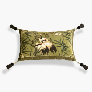 Chinoiserie White Crane Short Plush Lumbar Pillow - SinoCultural -- WP026A01