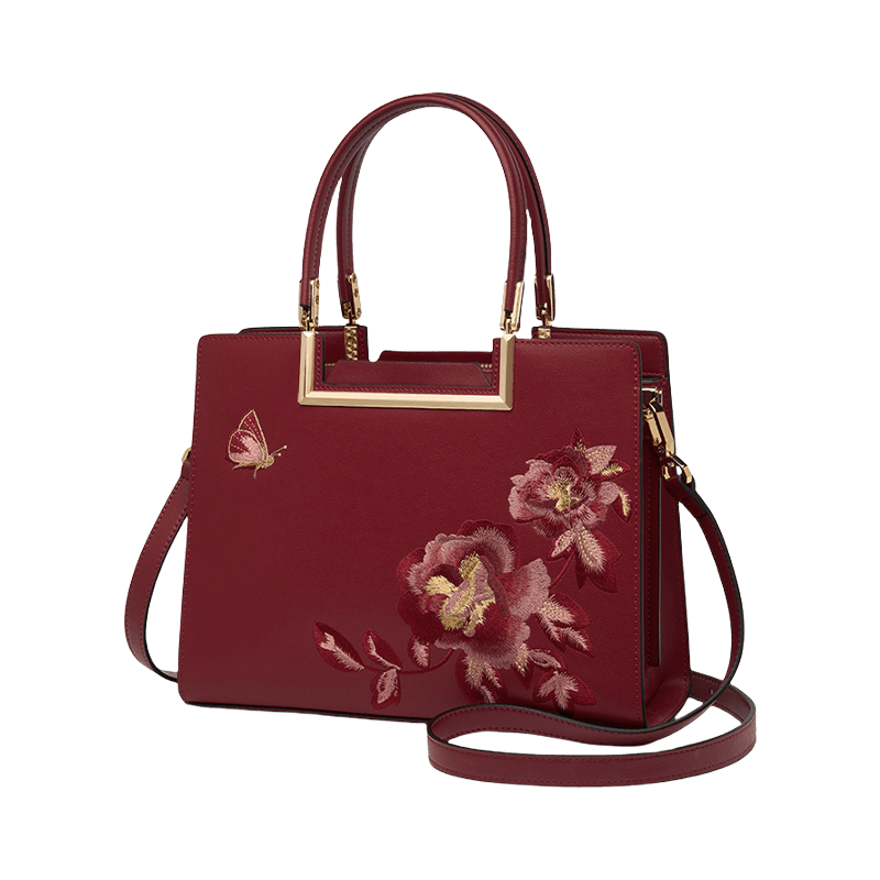 Embroidery Leather Peony Tote Bag Chinese Style Luxury Handbag - SinoCultural -- SC1603-2